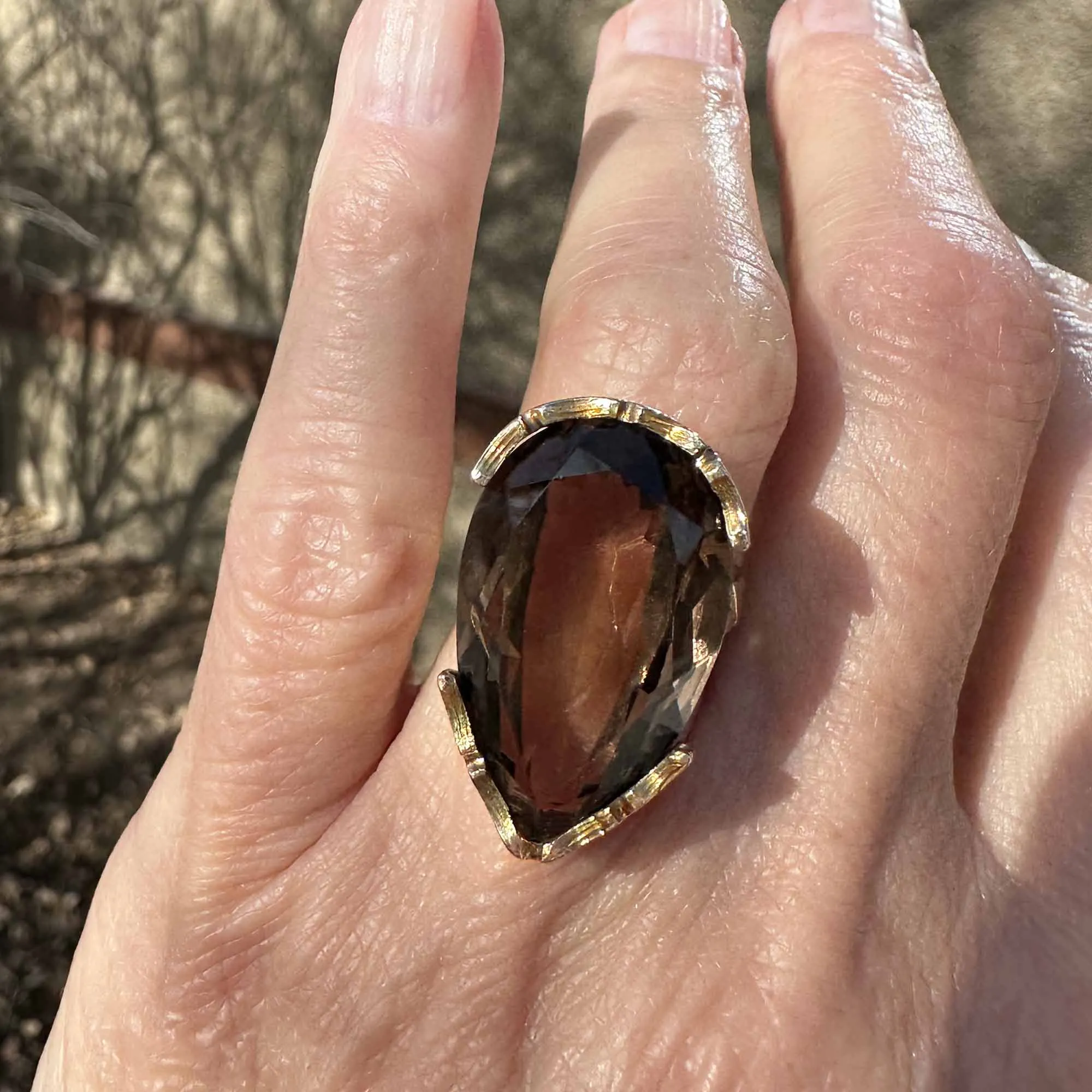 Vintage 13.5 CTW Pear Cut Smoky Quartz Ring in 14K Gold