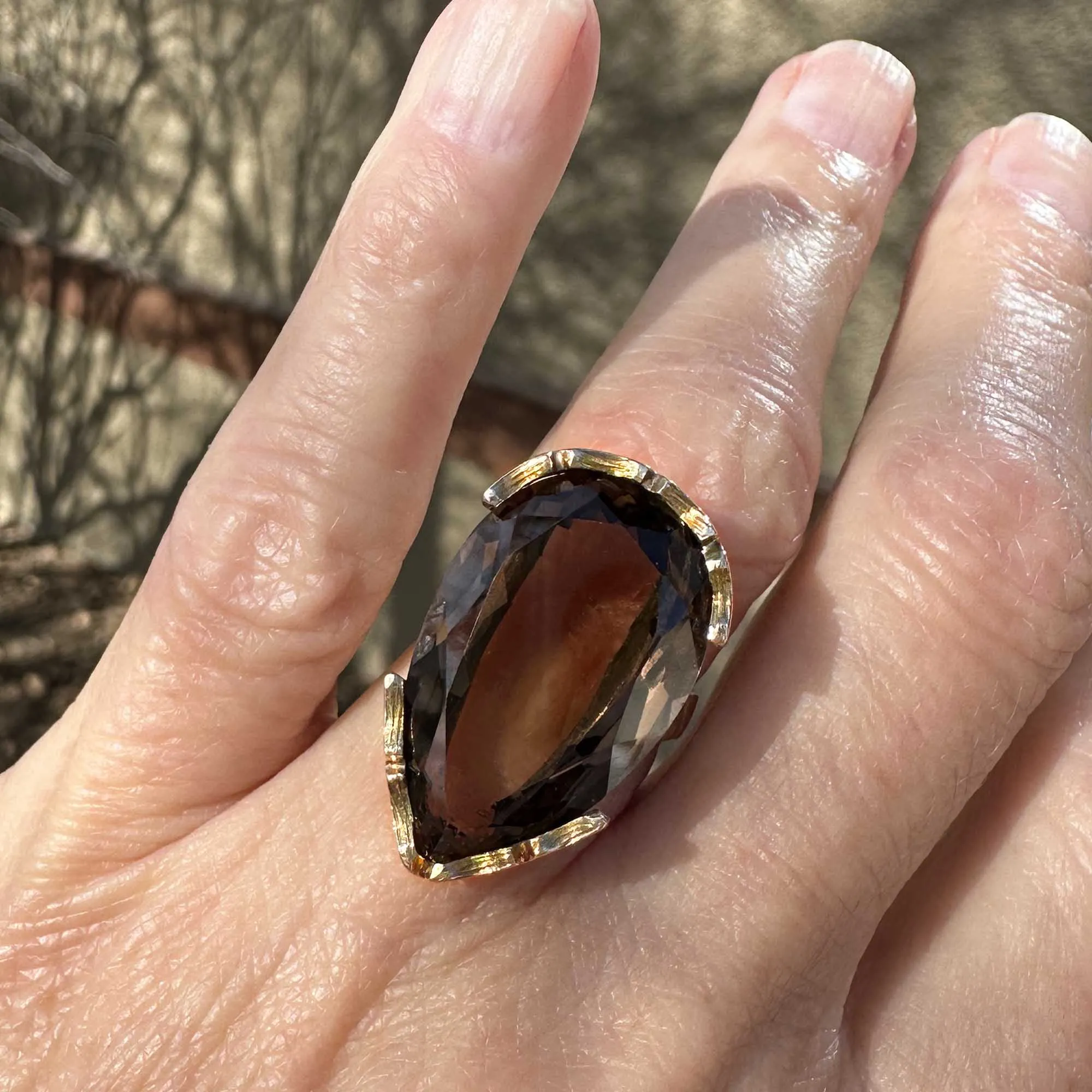 Vintage 13.5 CTW Pear Cut Smoky Quartz Ring in 14K Gold