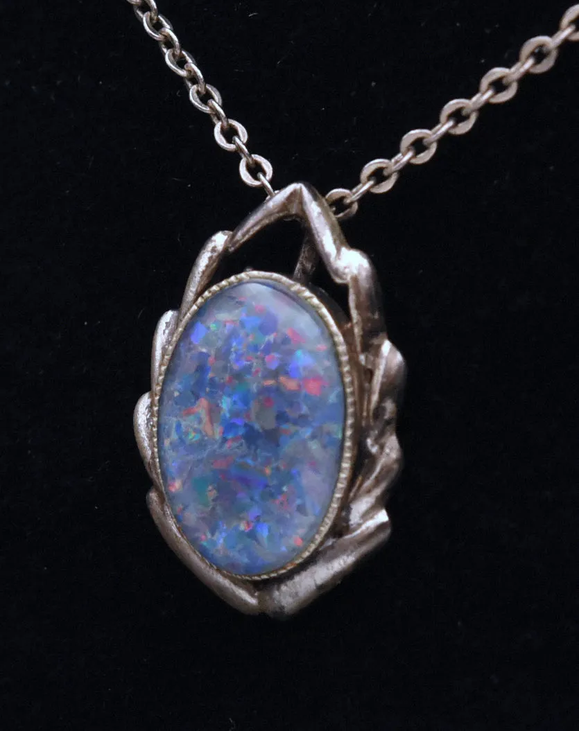 Vintage Blue Opal Triplet Sterling Silver Pendant Necklace - 18.125"