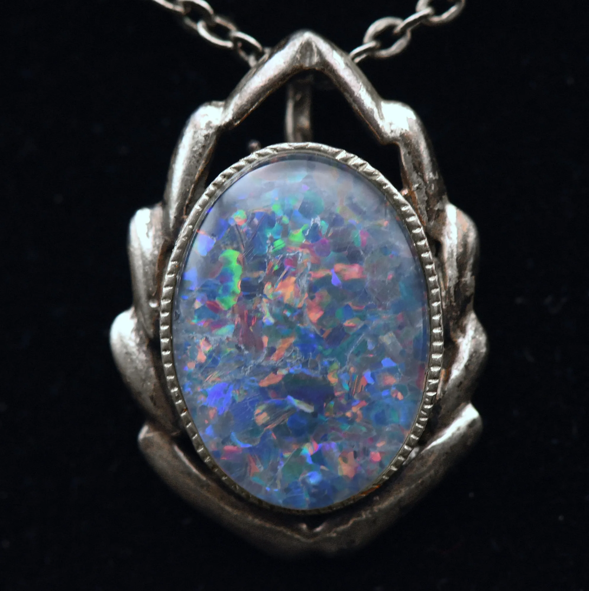 Vintage Blue Opal Triplet Sterling Silver Pendant Necklace - 18.125"