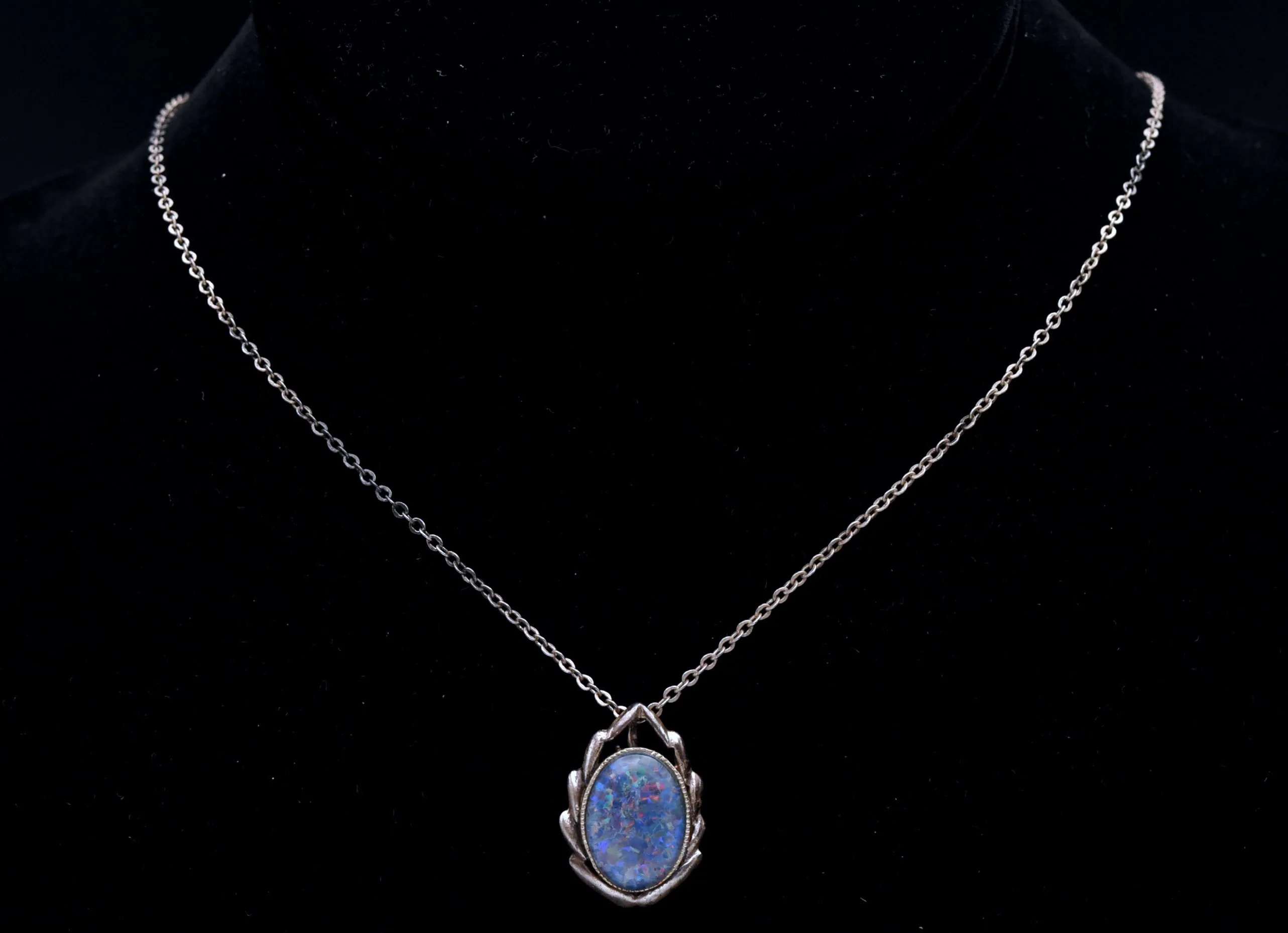 Vintage Blue Opal Triplet Sterling Silver Pendant Necklace - 18.125"