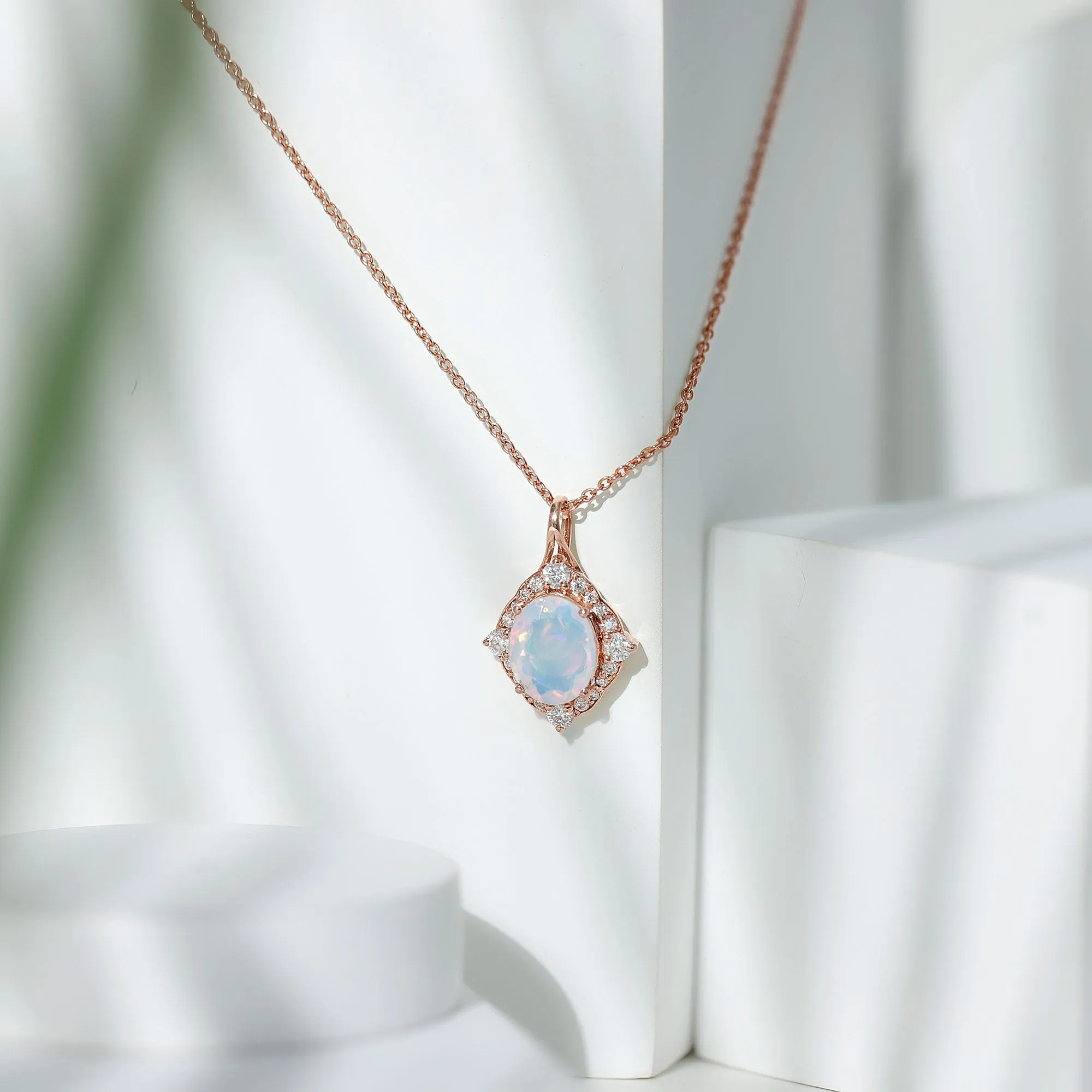 Vintage Inspired Oval Ethiopian Opal Halo Pendant with Moissanite