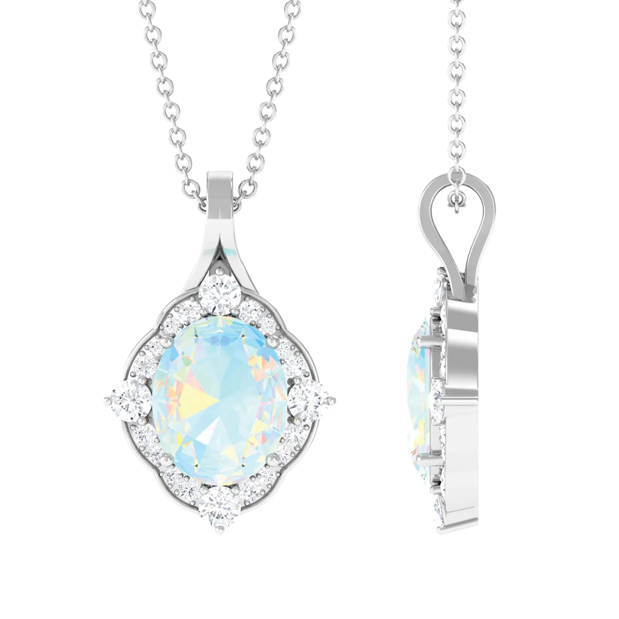 Vintage Inspired Oval Ethiopian Opal Halo Pendant with Moissanite