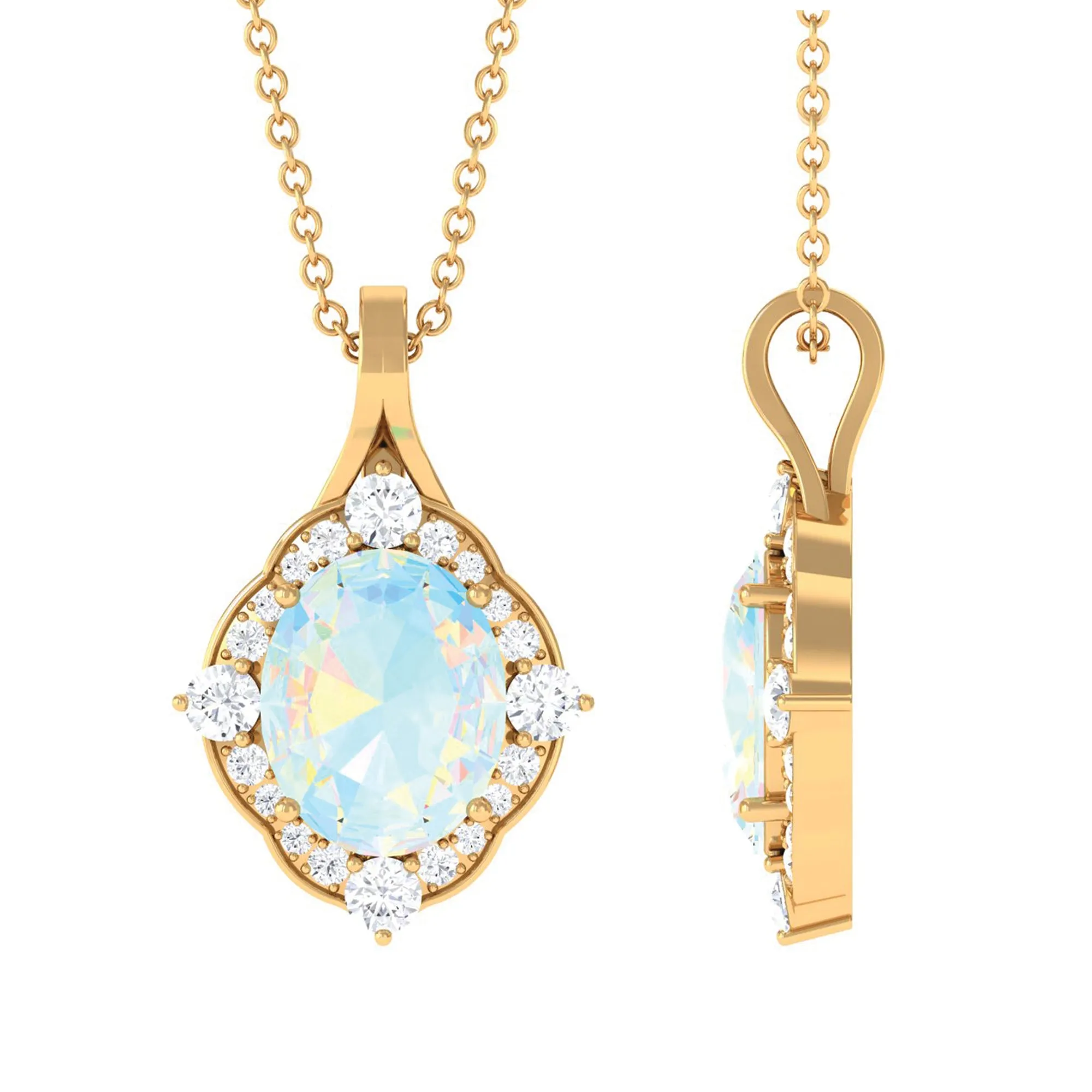 Vintage Inspired Oval Ethiopian Opal Halo Pendant with Moissanite