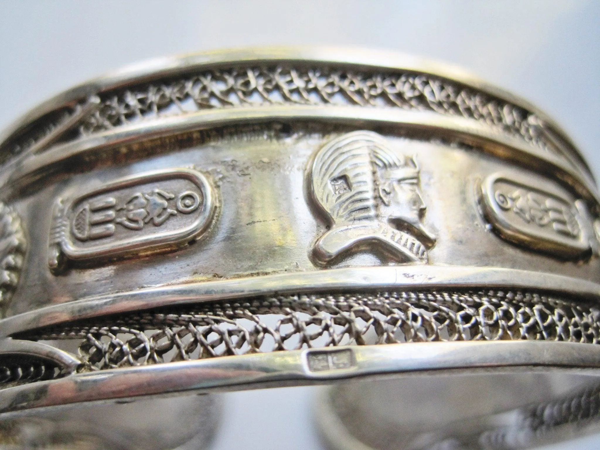 Vintage Silver Egyptian Cuff Bracelet with Hieroglyphs