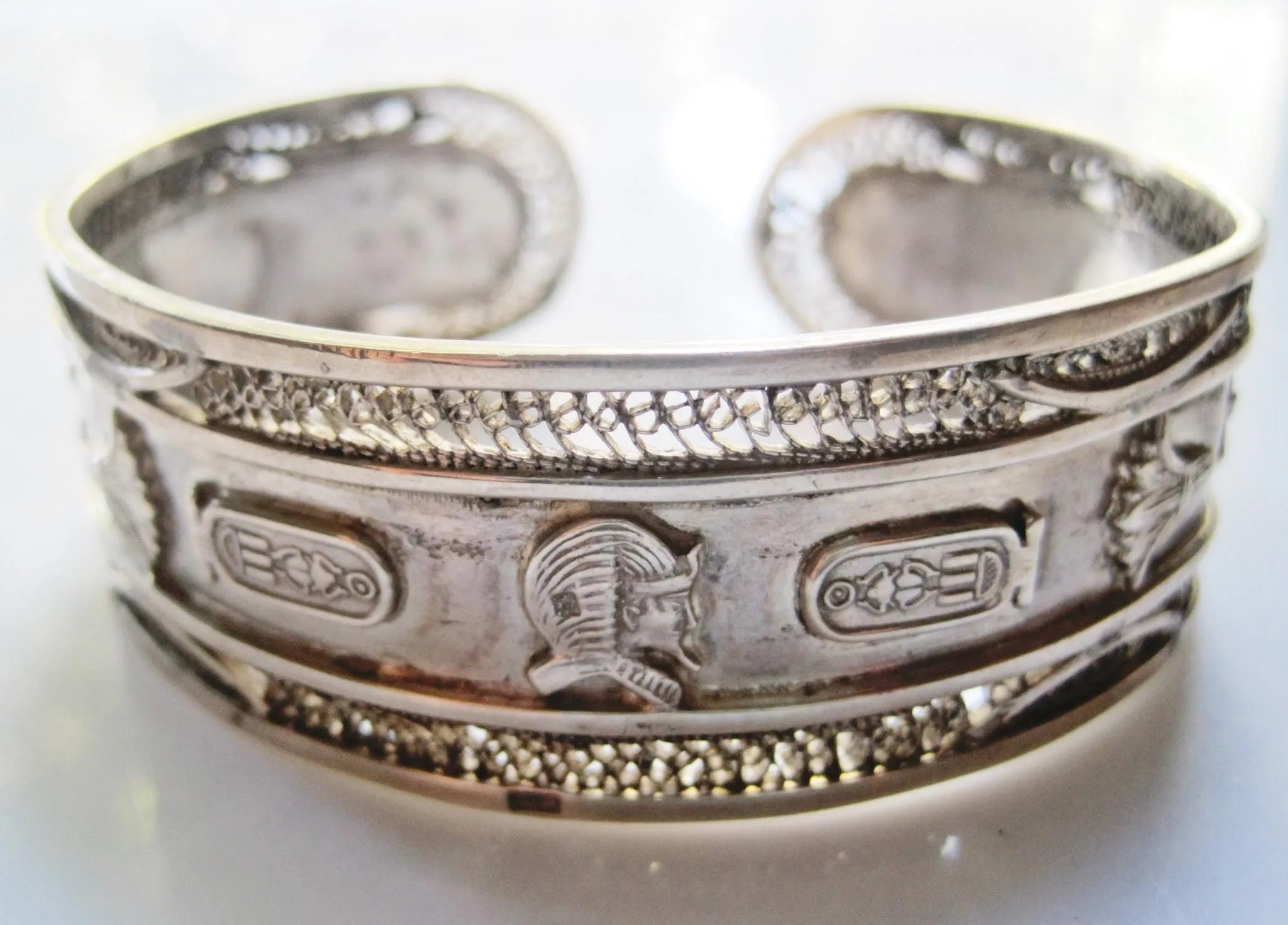 Vintage Silver Egyptian Cuff Bracelet with Hieroglyphs