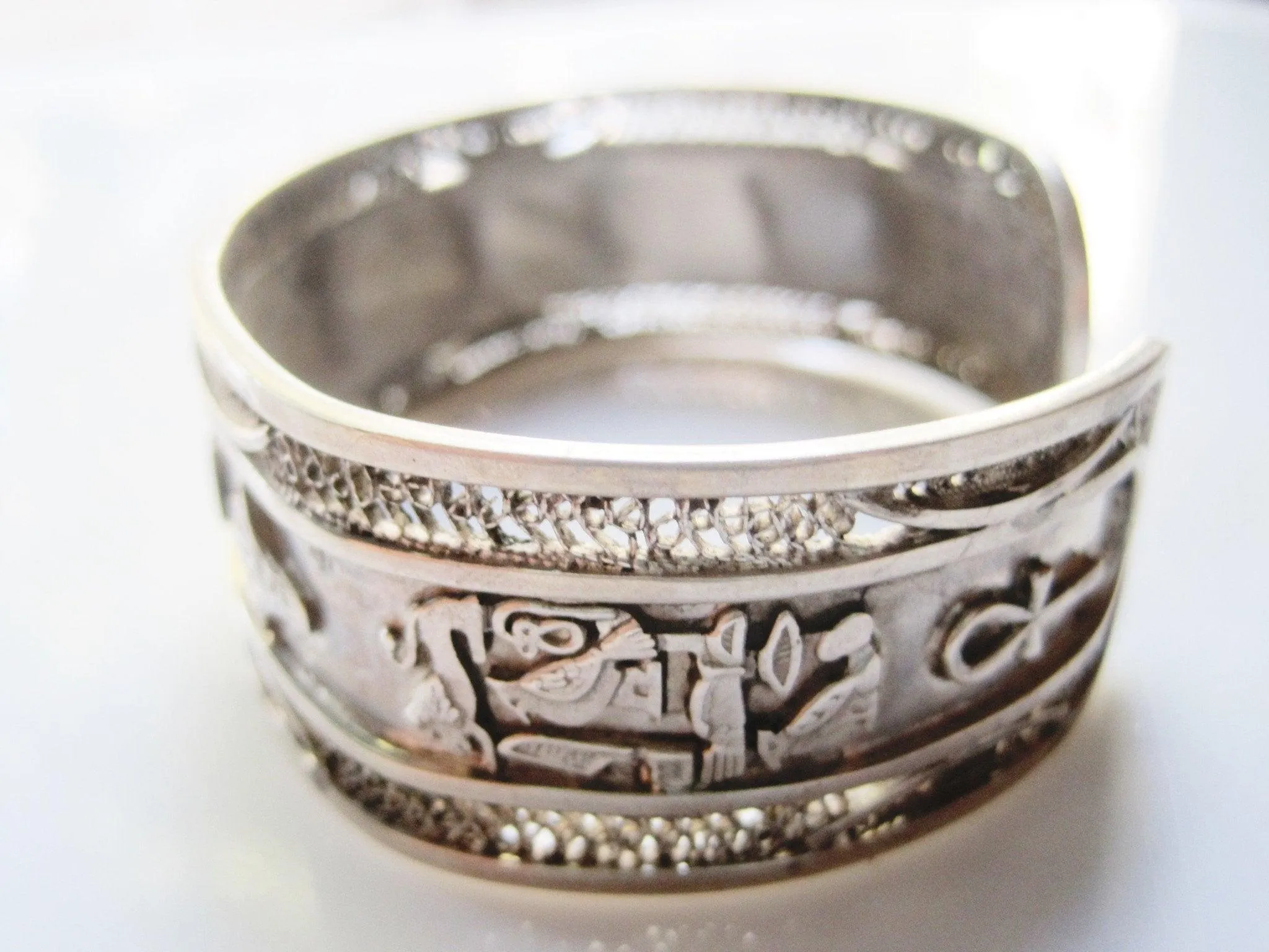 Vintage Silver Egyptian Cuff Bracelet with Hieroglyphs