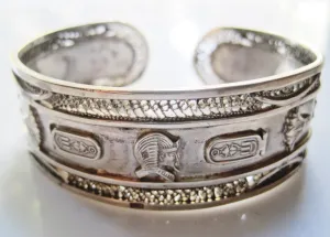 Vintage Silver Egyptian Cuff Bracelet with Hieroglyphs