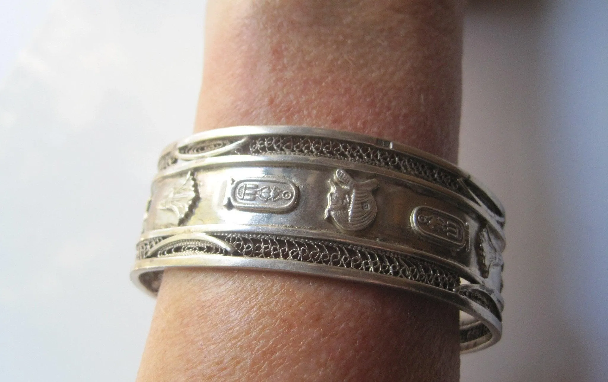 Vintage Silver Egyptian Cuff Bracelet with Hieroglyphs