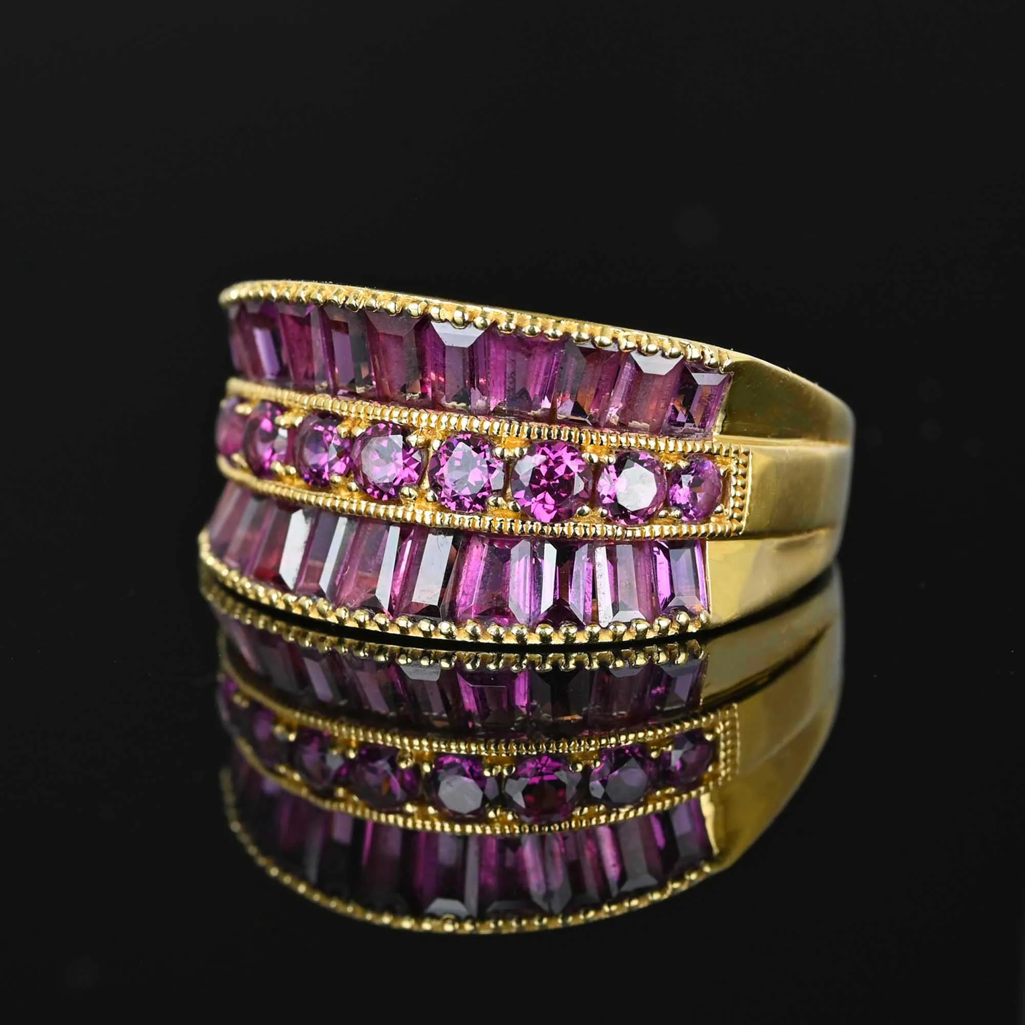 Vintage Three Row Baguette Pink Tourmaline Ring in 14K Gold