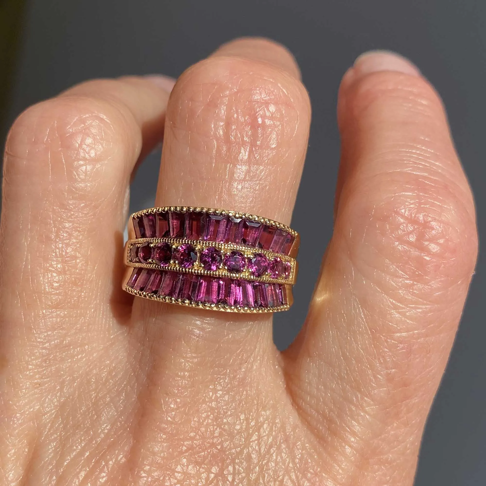 Vintage Three Row Baguette Pink Tourmaline Ring in 14K Gold