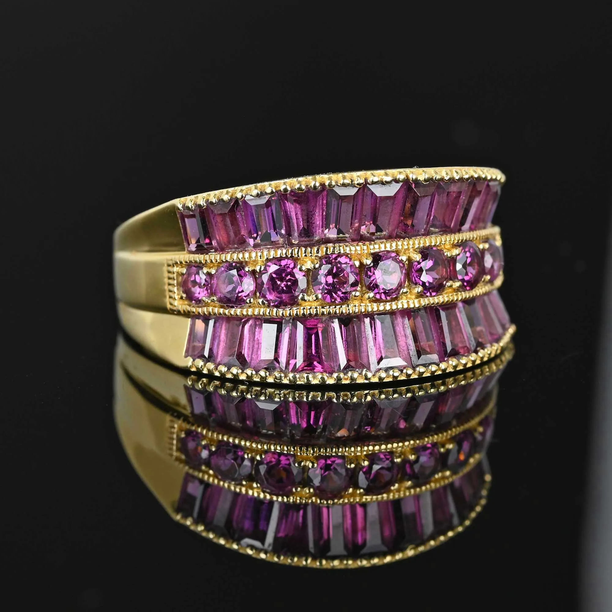 Vintage Three Row Baguette Pink Tourmaline Ring in 14K Gold