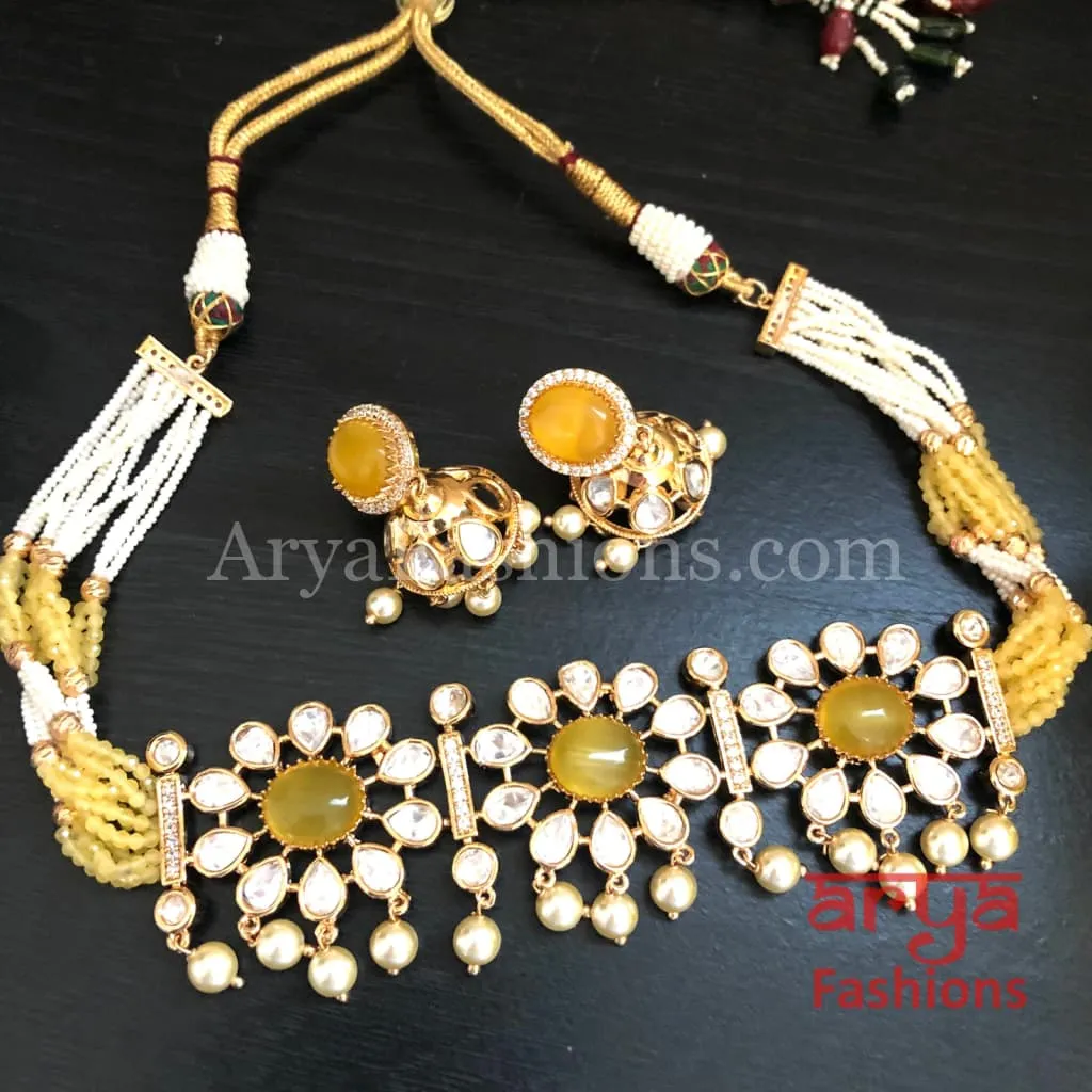 Yellow Pacchi Kundan Beaded Choker/ Blue Kundan CZ Choker