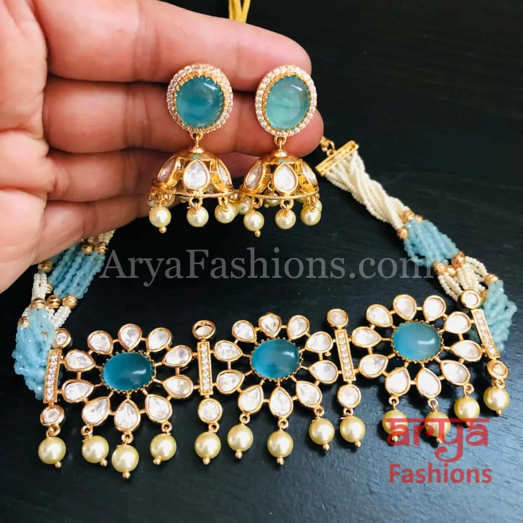 Yellow Pacchi Kundan Beaded Choker/ Blue Kundan CZ Choker