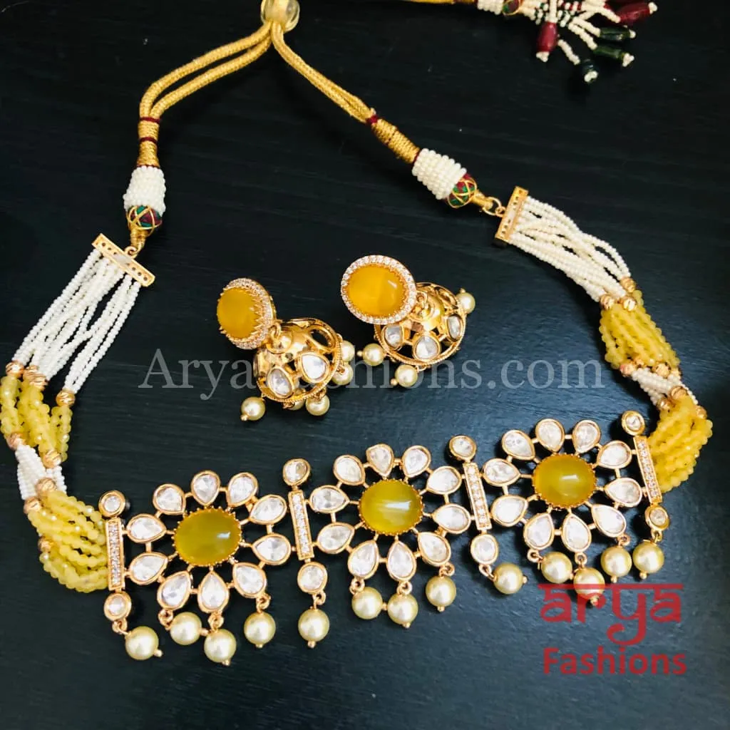 Yellow Pacchi Kundan Beaded Choker/ Blue Kundan CZ Choker