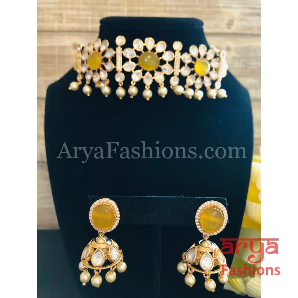 Yellow Pacchi Kundan Beaded Choker/ Blue Kundan CZ Choker