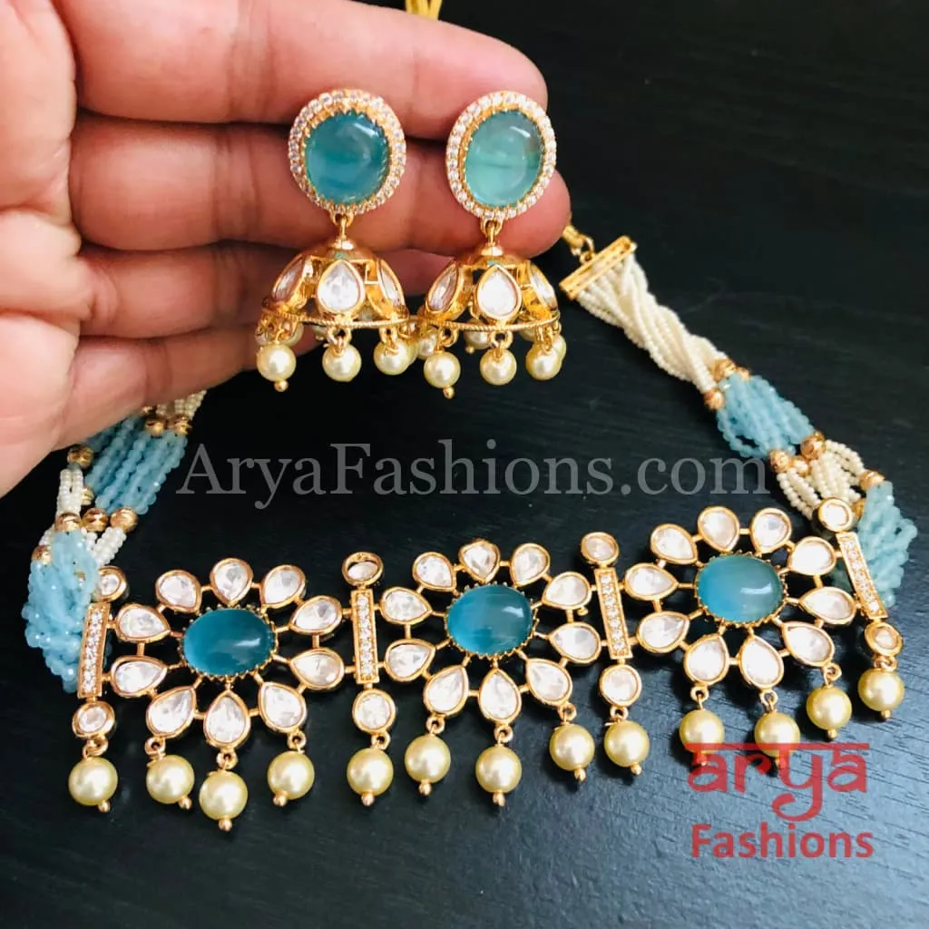 Yellow Pacchi Kundan Beaded Choker/ Blue Kundan CZ Choker