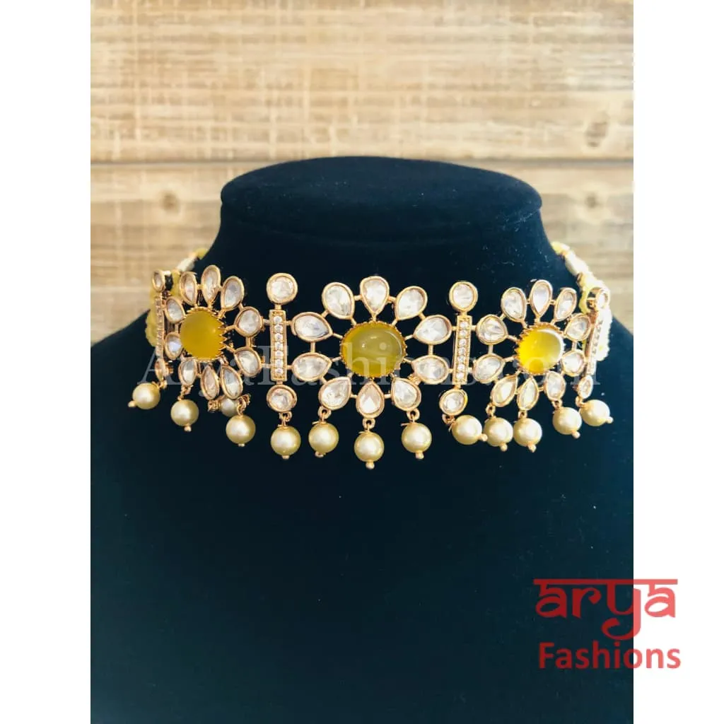 Yellow Pacchi Kundan Beaded Choker/ Blue Kundan CZ Choker